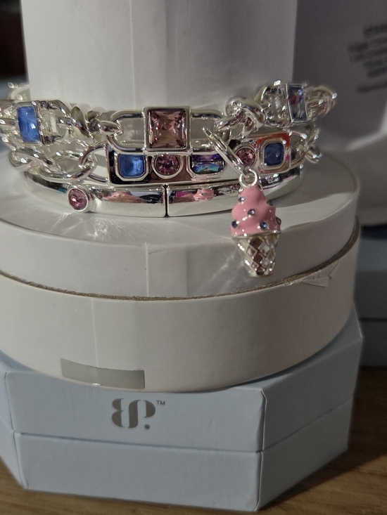 Bomb Party Jewelry - Silver-Tone Bracelet Stack with Pink Ice Cream Charm and Blue & Pink Stones